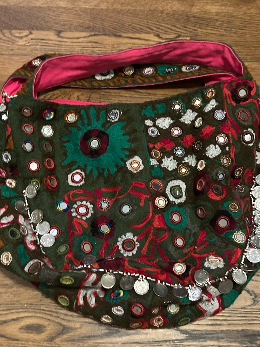 Tylie Malibu Bohemian Embroidered Green Hobo Bag with Mirror Accents